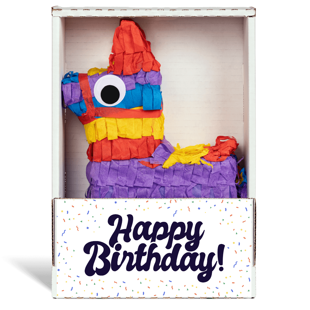 A Piñatagram in its box with a Happy Birthday label